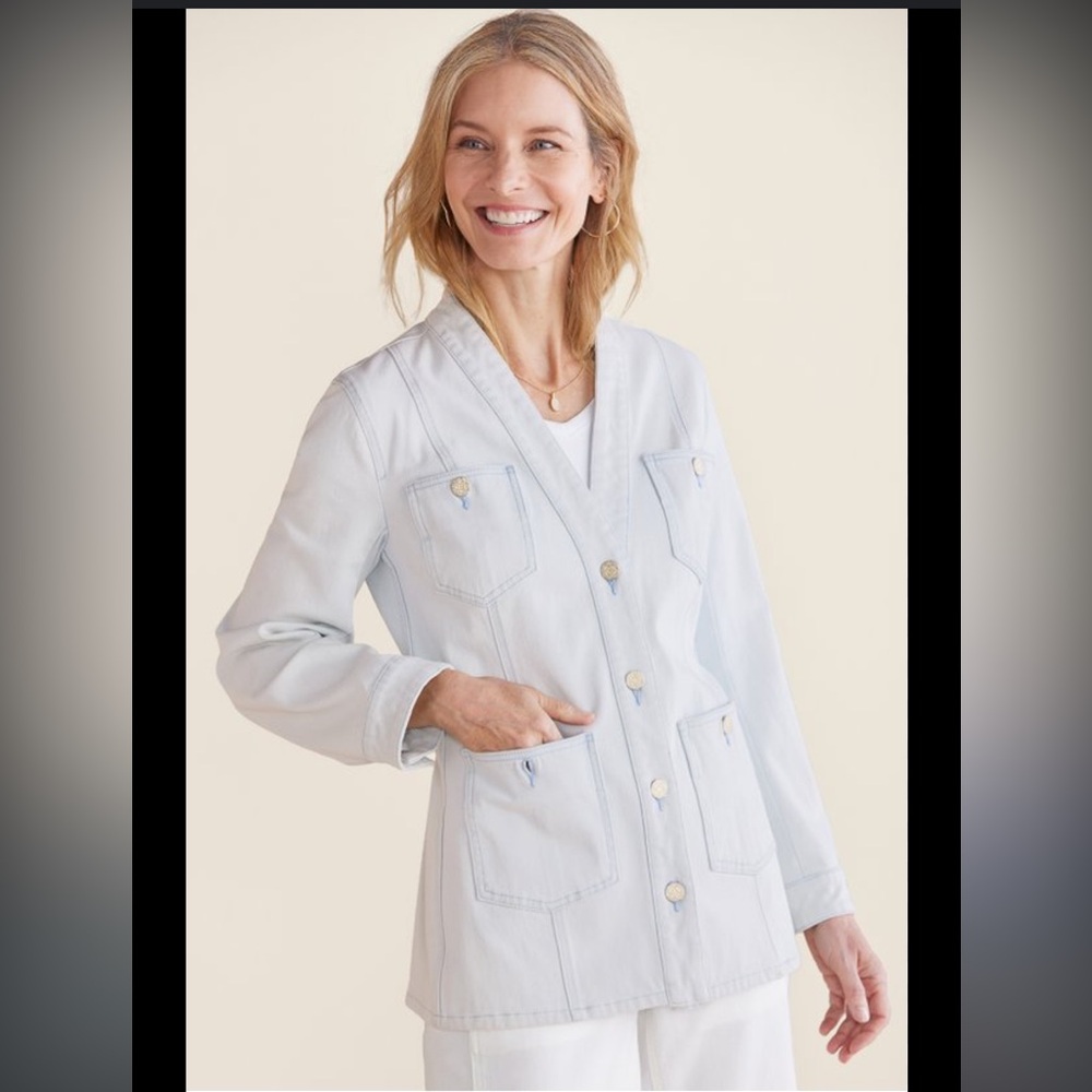 Soft Surroundings Next Level Denim Jacket Collarless Light Wash Size Medium‎